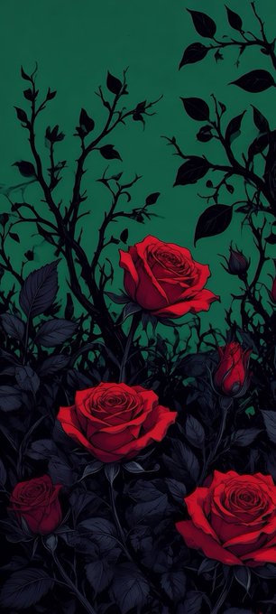 A stylized digital artwork of three red roses surrounded by dark, silhouetted foliage and branches against a deep green background.