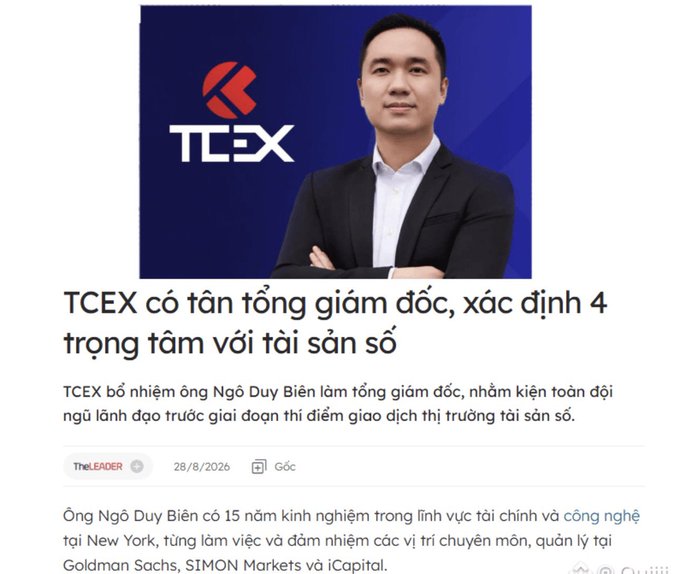 A news article in Vietnamese about TCEX, featuring a photo of a man in a suit and headlines announcing the appointment of a new CEO ('tân tổng giám đốc').