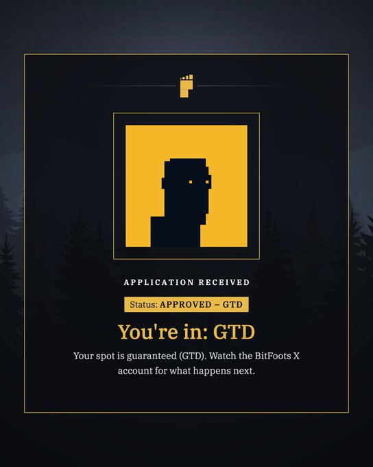 An application confirmation card with a pixel art character design, stating 'APPLICATION RECEIVED', 'Status: APPROVED – GTD', and 'You're in: GTD. Your spot is guaranteed (GTD). Watch the BitFoots X account for what happens next.'