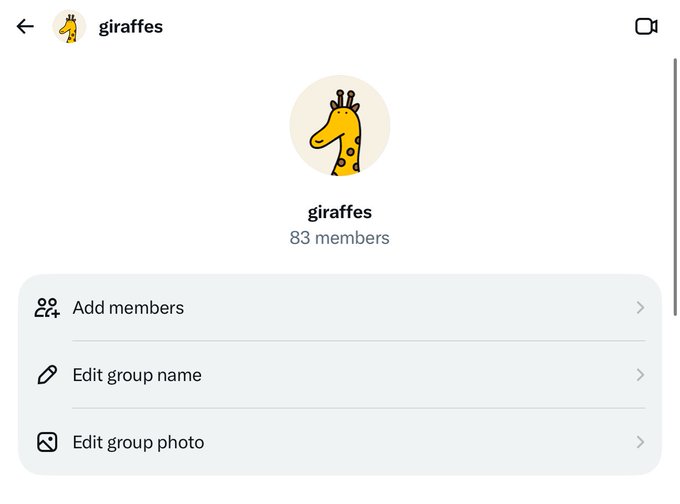 A mobile app interface for a group chat named "giraffes" with 83 members, featuring a cartoon giraffe profile picture and options to add members, edit the group name, or edit the group photo.