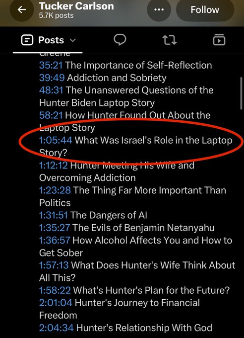 The image shows a list of Tucker Carlson's podcast episodes with timestamps, where the entry at "1:05:44 What Was Israel's Role in the Laptop Story?" is circled in red. The caption relates to the poster's shock at discovering this episode title, suggesting they'll discuss Israel's alleged role in the Hunter Biden laptop story on their show.