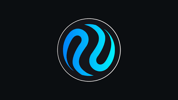 A circular logo featuring flowing blue and teal wave patterns on a black background.