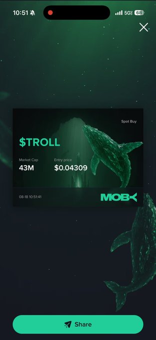 A Moby app screen displays the $TROLL token with a 43M market cap and an entry price of $0.04309, featuring a whale graphic in the background—aligning with the user's announcement of their first DCA purchase on Moby and promoting an upcoming Twitter Spaces event.