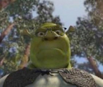 A close-up still of Shrek wearing small eyeglasses outdoors, looking pensive.