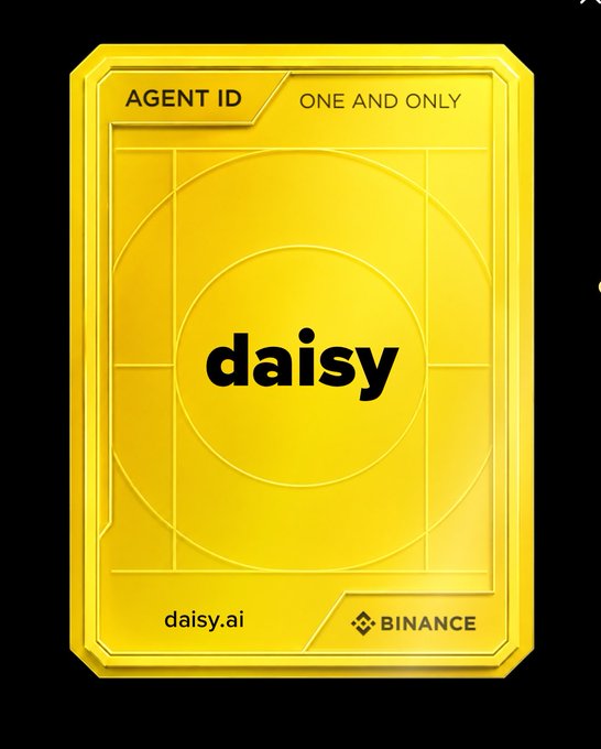 A gold, card-like digital collectible labeled “AGENT ID” and “ONE AND ONLY” displays the daisy logo, with “daisy.ai” and “BINANCE” at the bottom.