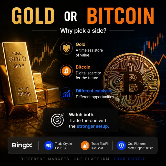 A promotional advertisement by BingX compares Gold and Bitcoin as investment options, displaying a gold bar and a Bitcoin coin with text 'GOLD OR BITCOIN - Why pick a side?' and highlighting the platform's features for trading both crypto and TradFi.