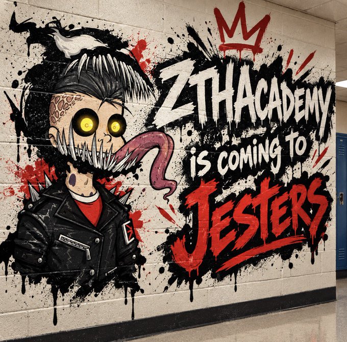 A graffiti-style mural on a school hallway wall features a punk-styled character with glowing yellow eyes, a spiked jacket, and a long pink tongue, alongside bold text reading "ZTHAcademy is COMING TO JESTERS." The image visually promotes the collaboration between ZTHAcademy and Jesters NFT projects, matching the post's announcement about the whitelist allocation partnership.