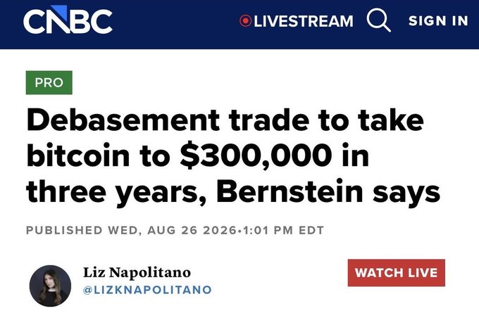 A CNBC news article headline reading 'Debasement trade to take bitcoin to $300,000 in three years, Bernstein says,' published August 26, 2026.
