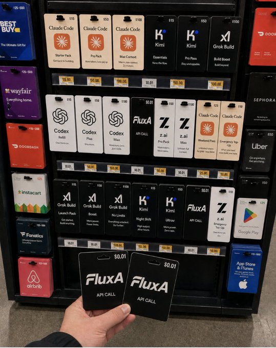 A hand holds up two black 'FluxA API CALL' gift cards in front of a retail display rack featuring various gift cards including Claude Code, Kimi, Grok Build, Codex, Z.ai, Uber, Google Play, Airbnb, and others.