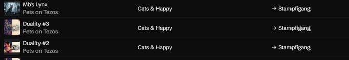 An NFT transaction history list showing three 'Cats & Happy' collectibles from Tezos collections 'Mb's Lynx', 'Duality #3', and 'Duality #2', all being transferred to 'Stampfigang'.
