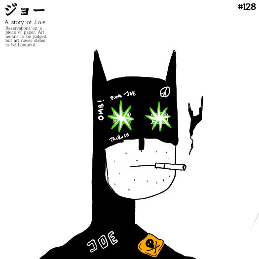 An illustrated black cat character wearing a Batman-style mask with glowing green star eyes and a cigarette, titled 'A story of J.o.e' with '#128' in the corner.