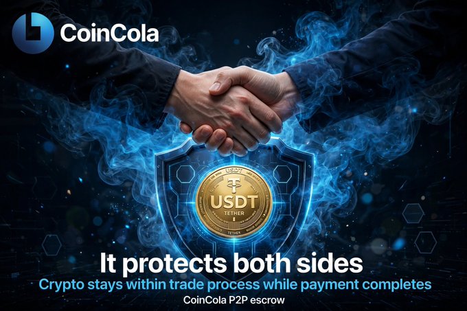 CoinCola cryptocurrency advertisement featuring two hands shaking above a USDT (Tether) coin with a blue shield background, with text 'It protects both sides - Crypto stays within trade process while payment completes - CoinCola P2P escrow'.
