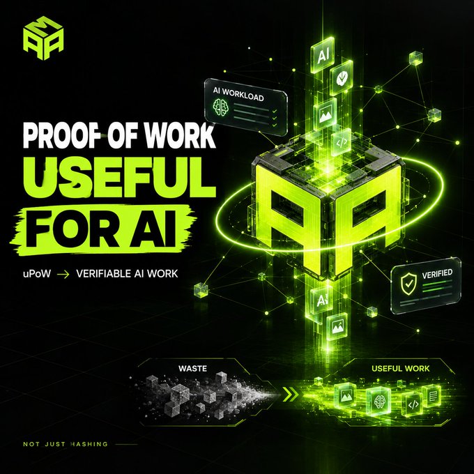 A promotional graphic for a crypto project featuring a glowing green 3D cube with the letters 'AA' alongside text reading 'PROOF-OF-WORK USEFUL FOR AI' and 'uPoW → VERIFIABLE AI WORK, NOT JUST HASHING.'