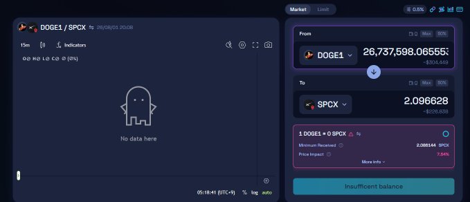 This image shows a cryptocurrency trading interface where users can swap DOGE1 for SPCX. The interface displays the available balance of DOGE1 as 26,737,598.065553, and the corresponding amount of SPCX received is 2.096628.