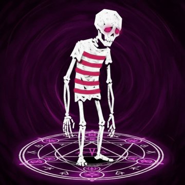 A cartoonish skeleton with glowing pink eyes and a pink-striped shirt stands atop a glowing purple magical sigil, matching the "Misery Skeleton Entity" introduced in the post by @sansfomo, who minted a total of 3 new Entities (2 Common Undeads and 1 Uncommon Beast) on XYZ Realms.
