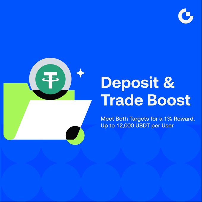 A promotional graphic with a blue background features a green folder and a USDT (Tether) coin illustration alongside the text "Deposit & Trade Boost – Meet Both Targets for a 1% Reward, Up to 12,000 USDT per User." The image visually supports the campaign's message of offering 1% USDT cashback rewards up to 12,000 USDT for users who complete both deposit and trading goals.