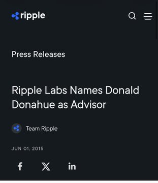 The image shows a screenshot from a social media platform displaying a post about Ripple Labs names Donald Donahue as an Advisor. The post includes text that reads "RIPPLE HIRED THE DTCC CEO WHO STABILIZED THE DTCC TO PREVENT THE NEXT ONE DONAHUE previously served as CEO of DTCC and led efforts to stabilize the financial system during the  2008 CRISIS TO PREVENT THE NEXT ONE".