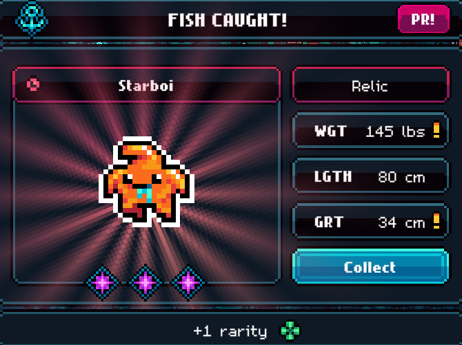A pixel-art "FISH CAUGHT!" screen from Gigaverse showcases a caught specimen called "Starboi" classified as a Relic, weighing 145 lbs, measuring 80 cm in length, and 34 cm in girth, with three star icons and a "+1 rarity" bonus awaiting collection.