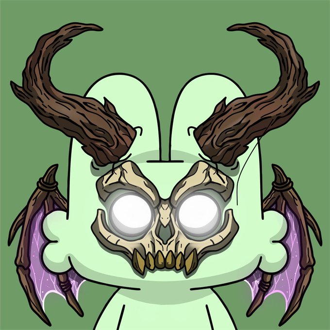 Digital illustration of a green cartoon rabbit-like creature transformed with demonic features including large brown curved horns, a skeletal face mask with glowing white eyes and sharp teeth, and dark purple bat-like wings.