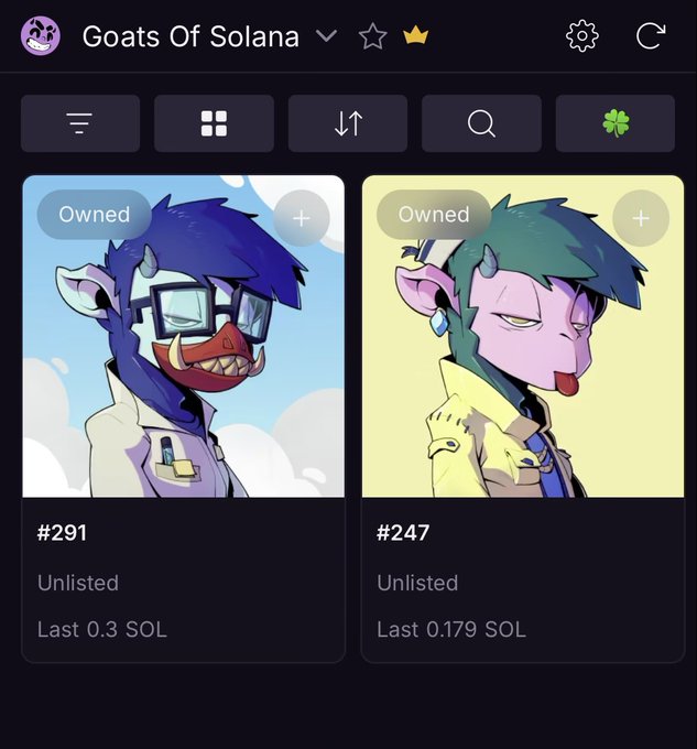 A screenshot from the "Goats Of Solana" NFT collection page displaying two owned digital artworks: #291 (a blue-haired character with glasses) last sold for 0.3 SOL and #247 (a teal-haired character with its tongue out) last sold for 0.179 SOL, both marked as "Unlisted." The image directly supports the post by showing the two NFTs the user purchased from the secondary market since they couldn't secure whitelist spots.