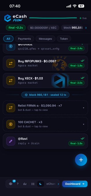 A smartphone screenshot displays the eCash FLOW app interface, showing transaction details like 'Buy INFOPUNKS · $0.0597' and 'Buy XECX · $1.03' under block 960,181.
