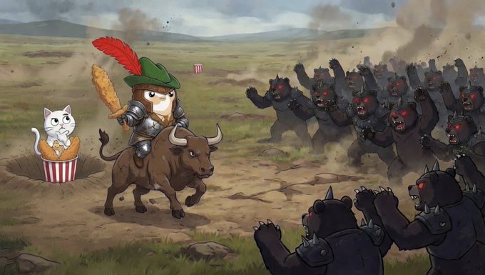 A small warrior cat in armor and a green feathered cap rides a charging bull, wielding a club, while leading a fellow cat emerging from a popcorn bucket against a horde of snarling, red-eyed black bears. The image visualizes "GOOD MORNING BULLS" as a bullish charge—bull market momentum trampling through bearish adversaries.