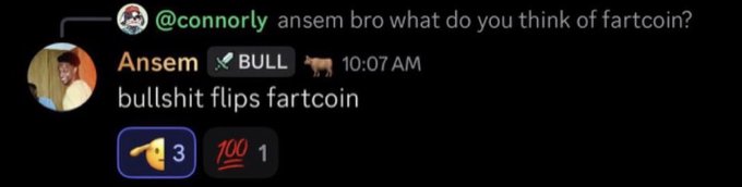 A user named @connorly asks Ansem "bro what do you think of fartcoin?" and Ansem replies with a bull emoji and "bullshit flips fartcoin" at 10:07 AM, showing 3 thumbs up and 1 hundred emoji reactions. This ties to the post highlighting Ansem's commentary, as he appears to be making a dismissive or mocking prediction about fartcoin with playful intent.