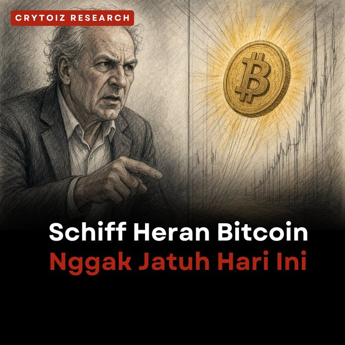A Cryptoiz Research graphic showing Peter Schiff pointing at a Bitcoin coin with the text 'Schiff Heran Bitcoin Ngak Jatuh Hari Ini'.