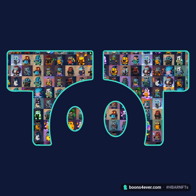 A collection of Boon Bears NFT characters arranged in a pattern on a dark blue background with the text 'boons4ever.com #HBARNFTs'.