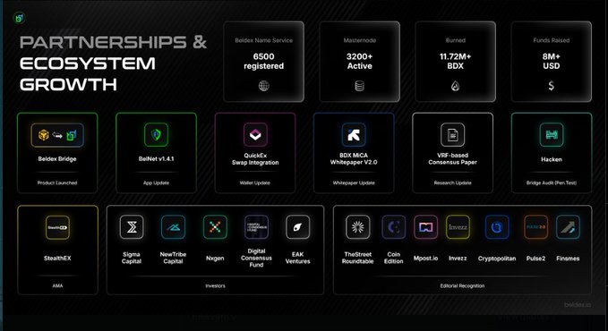 An infographic titled 'PARTNERSHIPS & ECOSYSTEM GROWTH' displaying metrics (6500 Baldes Name Service, 3200+ Masternode Active, 11.72M+ BDX Burned, 8M+ USD Funds Raised), recent updates including Beldex v1.4.1 and QuickX, and investor logos like Signals Capital and NewTribe Capital.