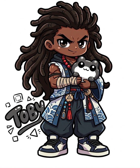 A chibi-style digital illustration of a dark-skinned character with long dreadlocks, wearing a blue and white patterned coat and red beads, holding a small black and white panda-like creature. The character's name "TOBY" is written in stylized graffiti text on the left.