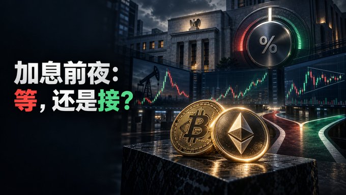 A Chinese-language financial graphic titled '加息前夜:等,还是接?' (The night before the rate hike: wait or take it?) featuring Bitcoin and Ethereum coins alongside a Federal Reserve building and stock market charts.
