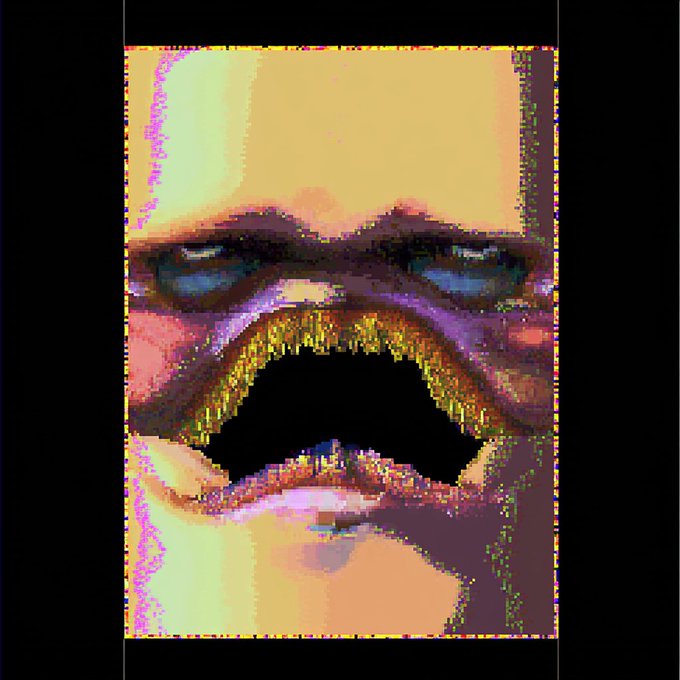 A pixelated, glitch-art close-up portrait of a face with piercing blue eyes and an open mouth, rendered in warm orange and purple tones.
