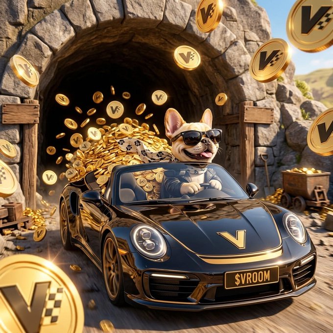 An AI-generated image of a smiling French Bulldog wearing sunglasses, driving a black sports car filled with gold coins, emerging from a stone tunnel with a "$VROOM" license plate.
