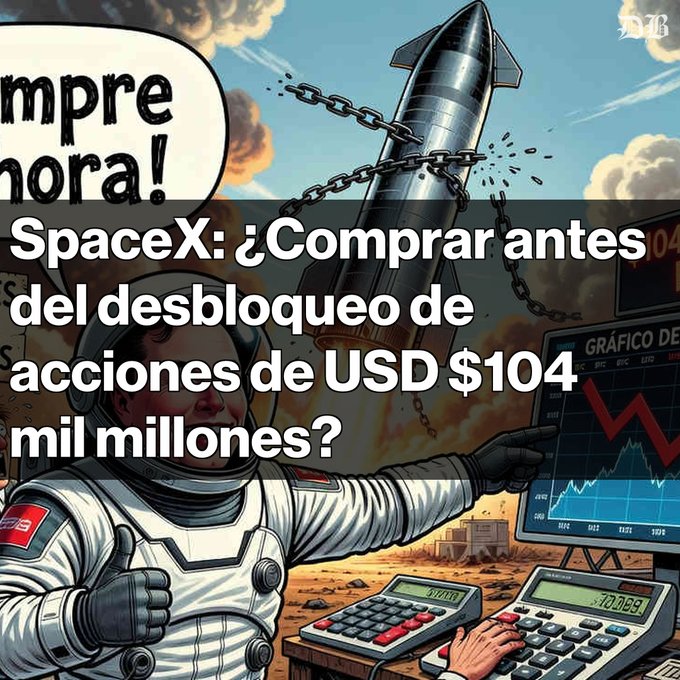 A comic-style illustration of an astronaut pointing at a declining stock chart with a chained rocket in the background, overlaid with Spanish text asking whether to buy SpaceX shares before a $104 billion stock unlock.