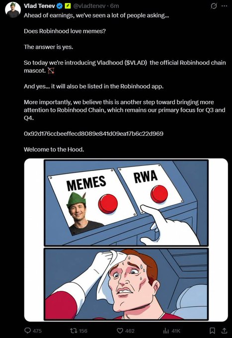 The image shows a tweet from Vlad Tenev (@vladtenev), CEO of Robinhood, announcing the launch of "Vladhood ($VLAD)" as the official Robinhood Chain mascot, accompanied by a meme-style comic depicting a choice between "MEMES" and "RWA" buttons being pressed.

This announcement appears to follow a series of social media hacks targeting crypto projects and key opinion leaders (KOLs) on Robinhood, including @Noxa_Fi and @ponsdotfamily, with the tweet potentially serving as either a legitimate announcement or a compromised post given the context of recent security breaches affecting accounts in the Robinhood crypto ecosystem.