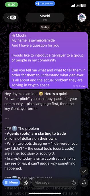 A Telegram chat screenshot with a bot named 'Mochi' where user 'jaymieolamide' asks for an elevator pitch to introduce 'genlayer' to their community, with the bot responding about AI agents trading dollars and smart contracts.