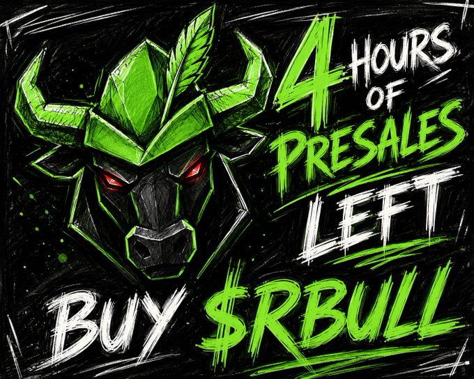 A digital illustration features a fierce green and black robotic bull with glowing red eyes, accompanied by bold text reading "4 HOURS OF PRESALES LEFT" and "BUY $RBULL," promoting a time-sensitive meme coin presale offering 100M-200M $RBULL tokens for 5-10 SOL.