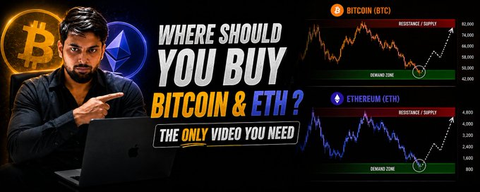 A man points toward a laptop beside the bold text "WHERE SHOULD YOU BUY BITCOIN & ETH? THE ONLY VIDEO YOU NEED," while two price charts on the right display Bitcoin (BTC) and Ethereum (ETH) with marked resistance/supply and demand zones, visually previewing the YouTube video's technical analysis of where to buy both cryptocurrencies.