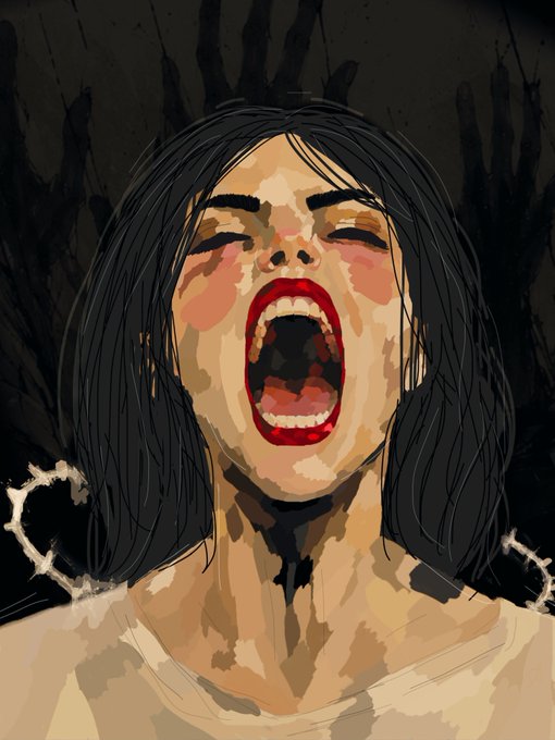 A stylized digital illustration of a woman with dark hair screaming with her mouth wide open and eyes closed, set against a dark, dramatic background.