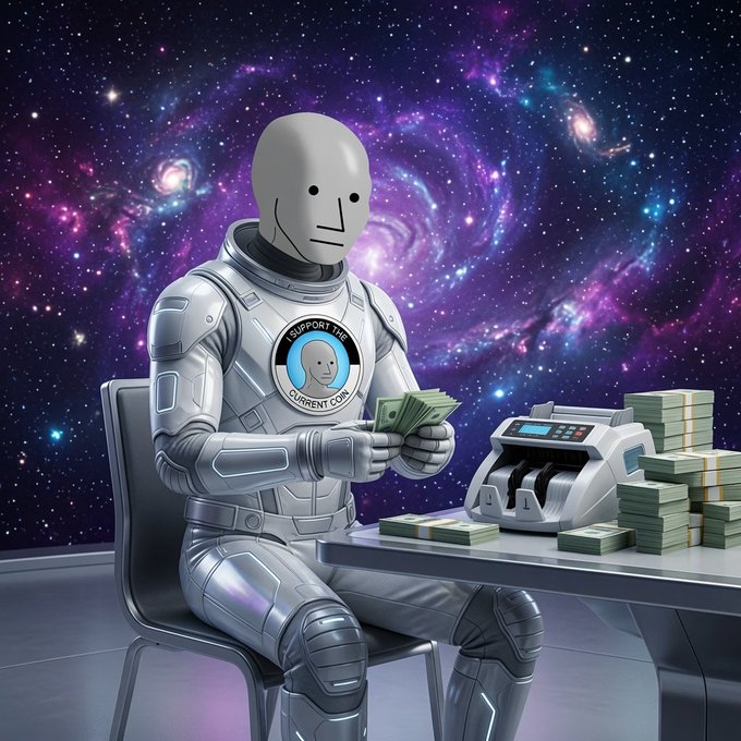 An illustration of an astronaut in a white spacesuit with an 'I SUPPORT THE CURRENT COIN' patch sitting at a desk counting stacks of cash next to a money-counting machine, set against a purple and blue cosmic galaxy background.