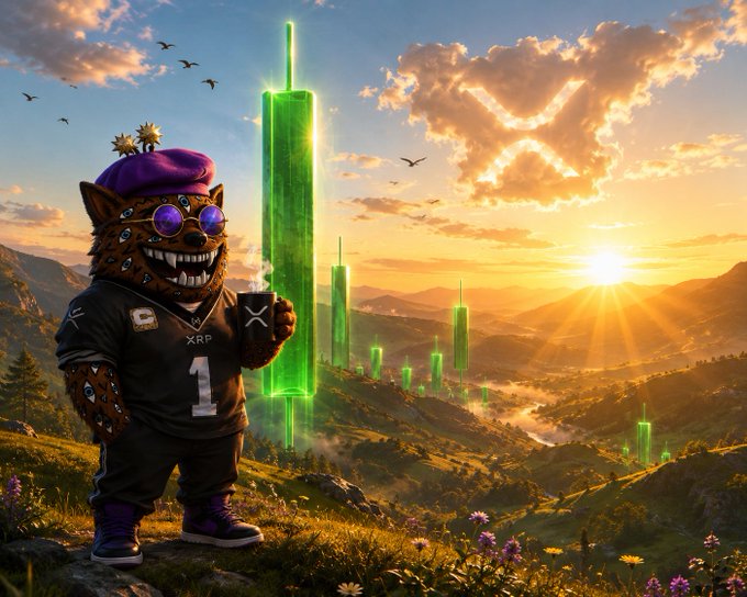 A digital artwork showing an anthropomorphic cheetah wearing sunglasses, an XRP jersey, and a purple cap, holding a cup in a scenic landscape filled with glowing green vertical pillars and a sunset.