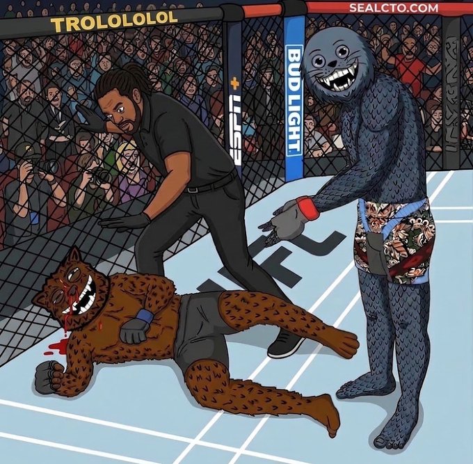 An illustration by SEALCTO.COM depicting a chaotic UFC cage scene labeled 'TROLOLOLOL' and 'BUD LIGHT,' featuring a grey seal character in floral shorts standing over a defeated, bloodied leopard character, with a referee standing by.