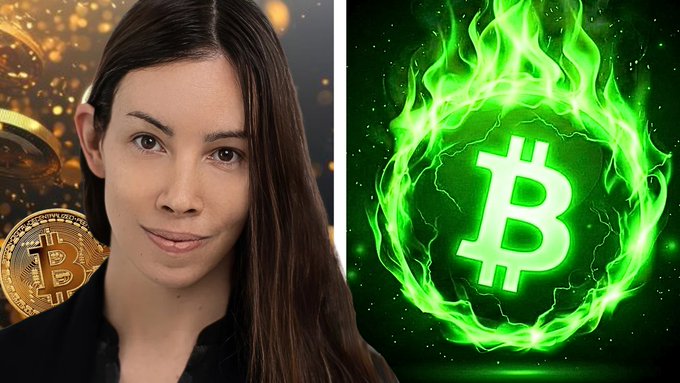A woman with long dark hair stands beside a golden Bitcoin coin, juxtaposed with a glowing green Bitcoin logo wreathed in flames. The post's bullish message about Lyn Alden's assessment of Bitcoin being undervalued ties directly to this split image, where the physical Bitcoin coin represents current value while the fiery green logo symbolizes Bitcoin's explosive potential upside.