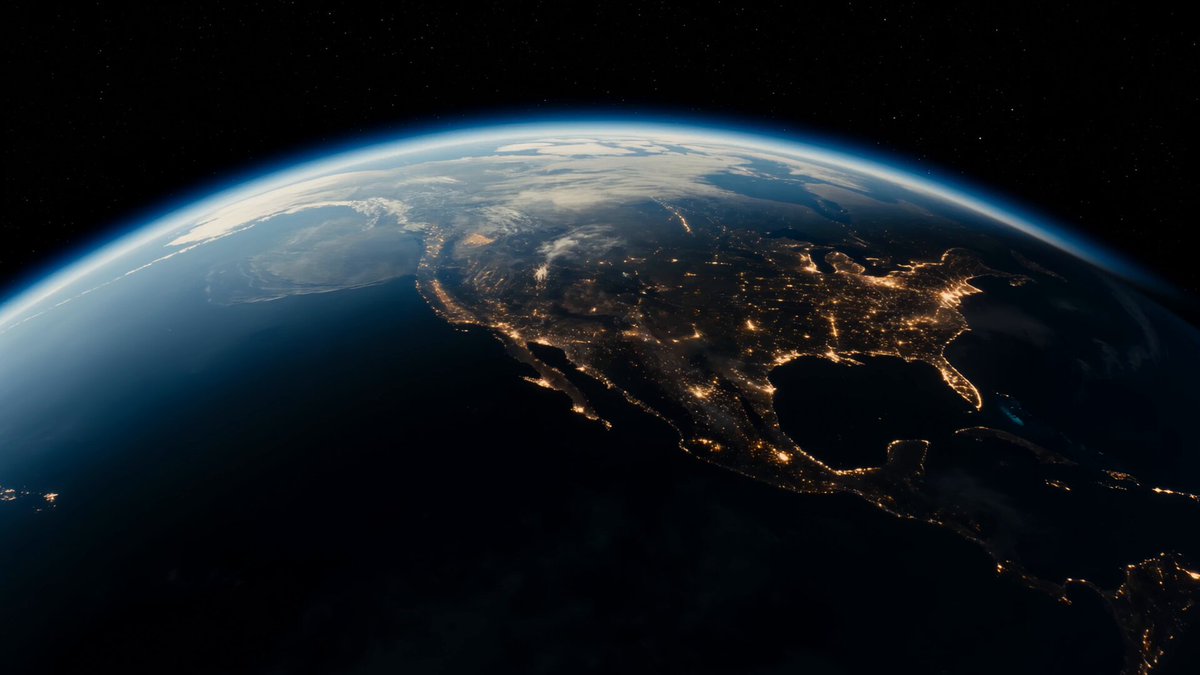 The image shows a view of the Earth from space with the land mass illuminated by city lights at night. The caption reads "We set out on the path to succeed, moving quickly to not miss the moment! With determination, we take action; with courage, we stake our position!". This post seems to be related to Bitcoin and cryptocurrency trading platforms or a similar topic.
