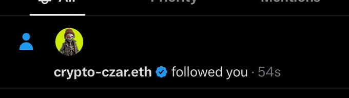 A Twitter/X app notification on a dark interface showing that the verified account 'crypto-czar.eth' followed the user 54 seconds ago.