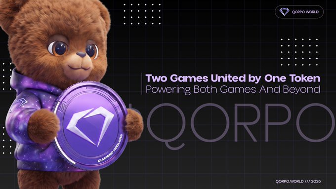 A friendly teddy bear character in a purple hoodie holds a large purple QORPO coin, promoting "QORPO WORLD" with the tagline "Two Games United by One Token - Powering Both Games And Beyond," directly visualizing the post's message about QORPO being a game studio first with a token that powers its existing games rather than a token seeking a game.