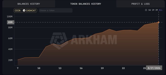 An Arkham cryptocurrency dashboard showing 'BALANCES HISTORY' and 'TOKEN BALANCES HISTORY' tabs, with a chart displaying growth from approximately 22M to 89M between dates 7 and 8/27/2026.