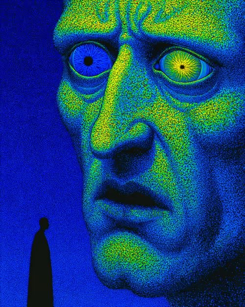 A massive, stippled face with two glowing, starburst eyes dominates the image, while a tiny silhouetted figure stands below against a deep blue background, evoking a surreal confrontation. The artwork's intense, watchful gaze and dramatic scale mirror the post's message, symbolizing focus, presence, and being "locked in" within the NFT community.