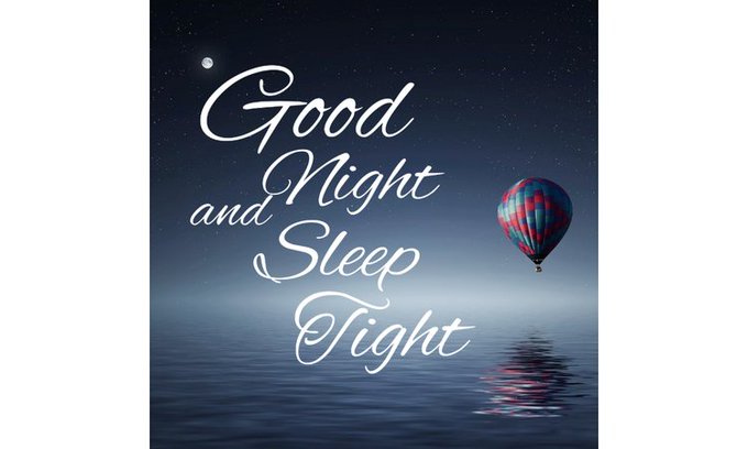 A 'Good Night and Sleep Tight' greeting card featuring a red and blue striped hot air balloon floating over calm water under a starry night sky with a moon.